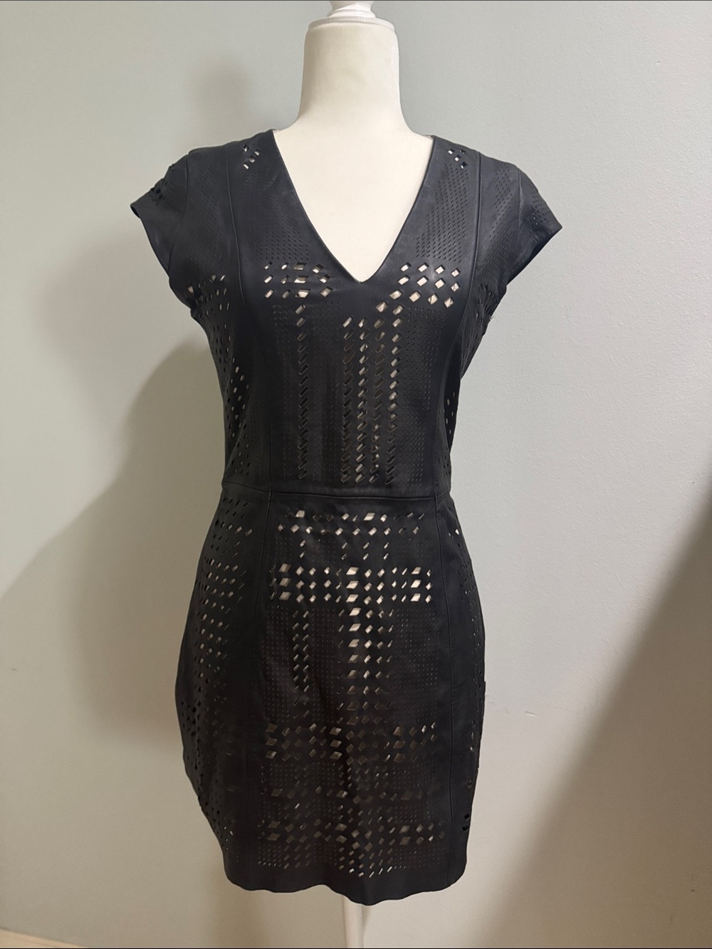 Parker Black leather V-Neck Eyelet Cap Sleeve Dress